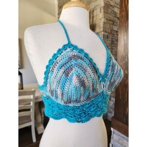 Crochet Handmade Halter Bikini Top Bralette Size L/XL Boho Festival 70s Inspired